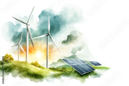 A soft watercolor painting of a serene landscape with wind turbines and solar panels blending into lush green hills