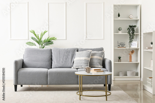 Wallpaper Mural Interior of light living room with grey sofa, table and shelf units Torontodigital.ca