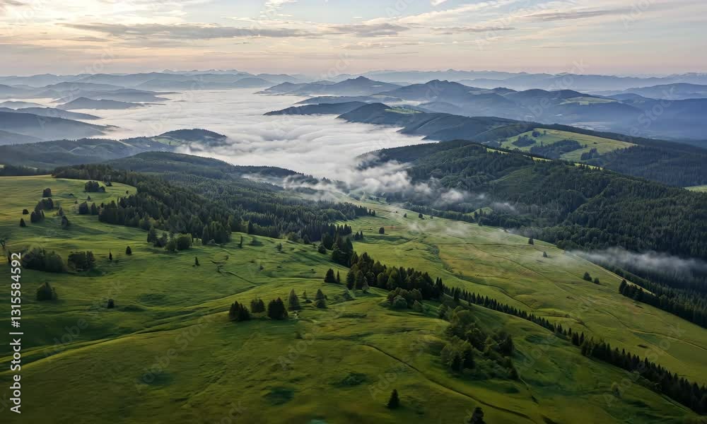 Aerial View Of Green Hills And Foggy Valley With Forest Under Cloudy Sky At Dawn Aerial View Of Green Hills And Foggy Valley With Forest Under Cloudy Sky At Dawn
