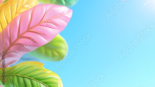Colorful abstract leaves adorn a bright sky for wallpaper, presentations, or a background pattern