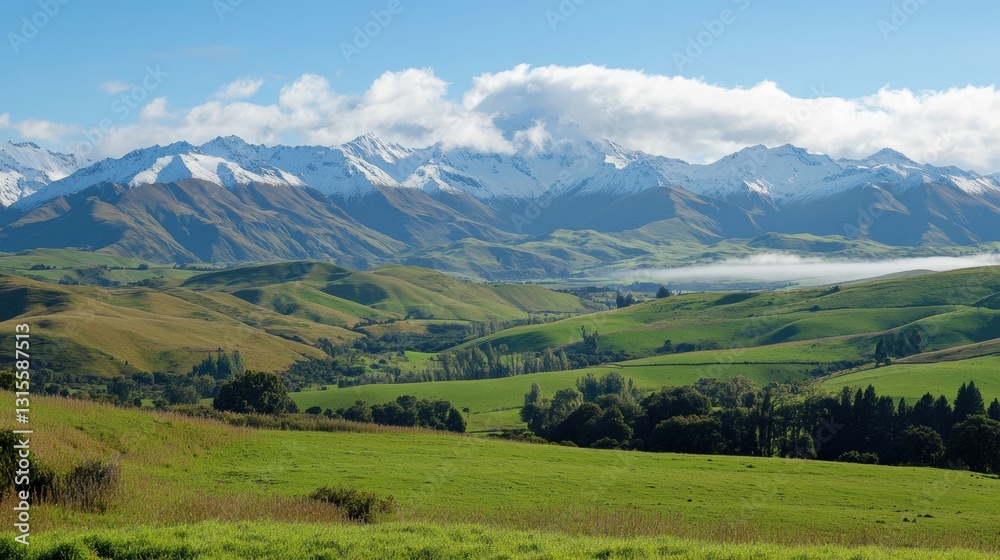 Fototapeta premium Snow capped mountains loom over rolling green hills with mist drifting over peaks under a vast sky filled with clouds