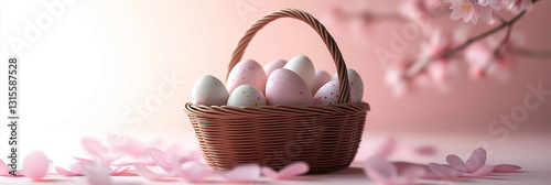 Easter basket filled with colorful eggs and blooming flowers during springtime celebration