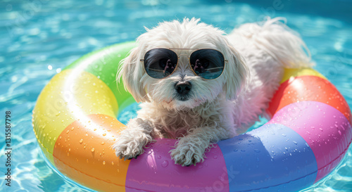 A small, fluffy dog relaxes in a bright, rainbow-colored pool float. The dog wears sunglasses while floating in a vibrant blue pool during a sunny summer day