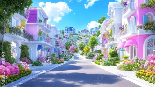 Colorful European residential buildings lining street, idyllic, for real estate or travel promotion