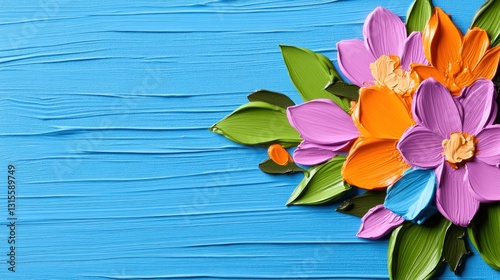 Colorful flowers with leaves on textured blue background, abstract art for print or web