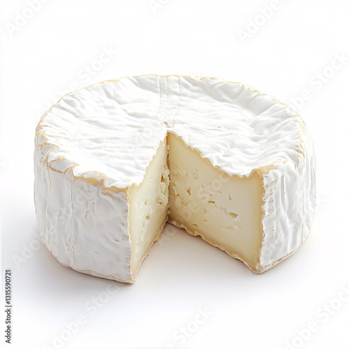 creamy brie cheese wheel displayed on pristine white background