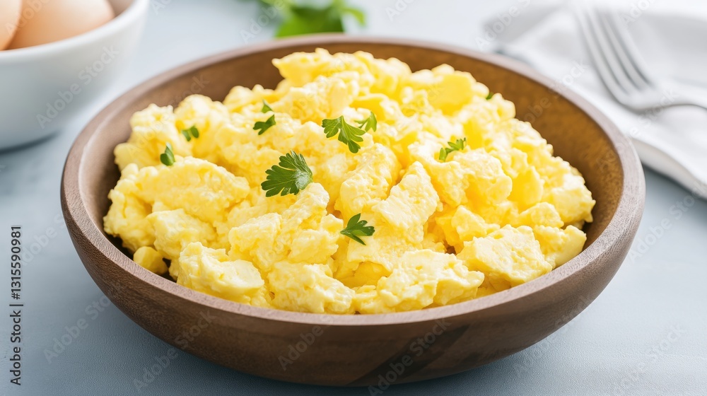 Scrambled eggs served in a wooden bowl garnished with fresh herbs on a light table surface. Scrambled eggs served in a wooden bowl garnished with fresh herbs on a light table surface.