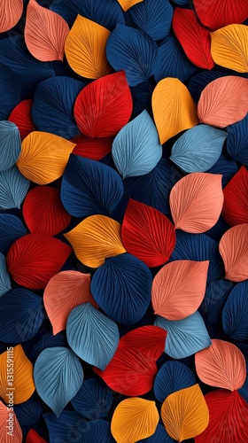 Colorful leaves spread on a solid background. For wallpaper, textile, or decoration purpose.