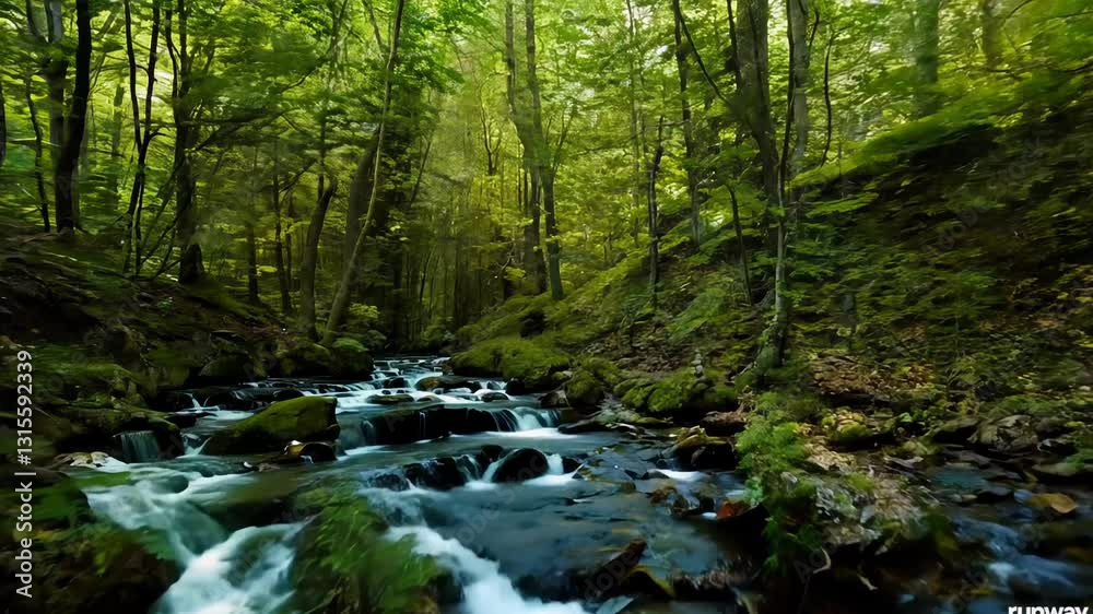 Journey through a tranquil green forest with a gentle stream flowing beneath the sunlight Journey through a tranquil green forest with a gentle stream flowing beneath the sunlight