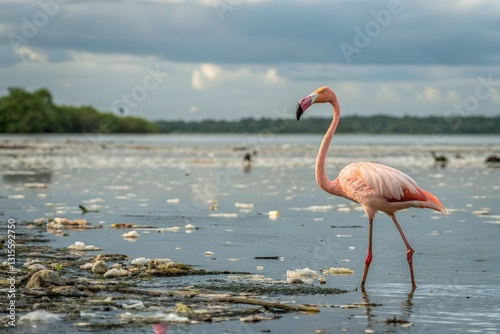 Flamingo stand in polluted water. Plastic pollution and wildlife impact