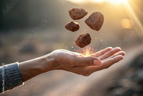hand control floating rock pieces. Geokinesis superpower concept