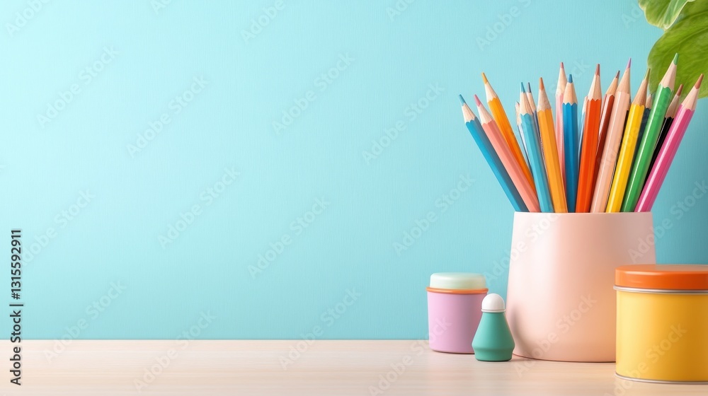 Fototapeta premium Colorful pencils in a holder, stationery on desk with light blue wall, plants and jars; use for education