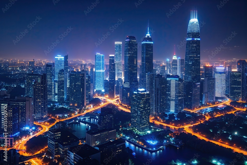 Obraz premium Stunning Nighttime Cityscape with Illuminated Urban Skyline and Bright Lights