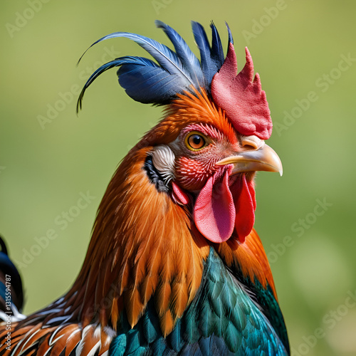 A rooster with a flair for fashion stands tall, its tuft of tied-back feathers showcasing its colorful coat,
