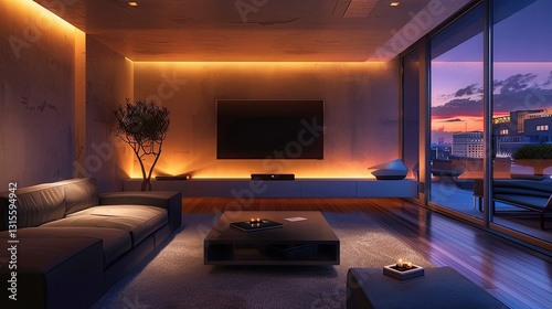 TV lounge interior design in home with LED hanging on wall