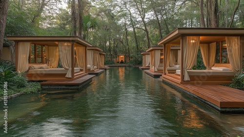 Serene spa huts over water