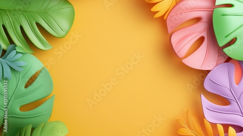 Colorful tropical leaves frame vibrant yellow backdrop, inviting summer or creative design applications