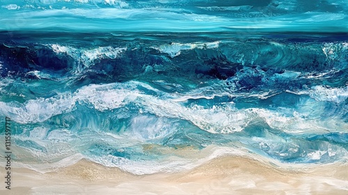 Dynamic Ocean Waves with Rich Tones of Blue and Turquoise in Abstract Coastal Artwork