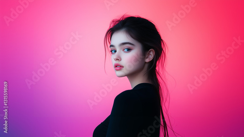 young woman with long hair poses against vibrant pink and purple background, exuding calm and confident expression.
