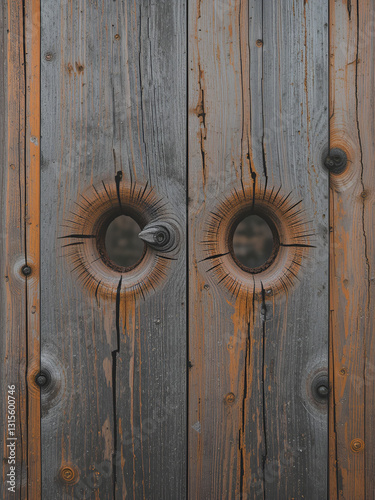 a close up of a wooden fence with two holes in orange extremely coherent