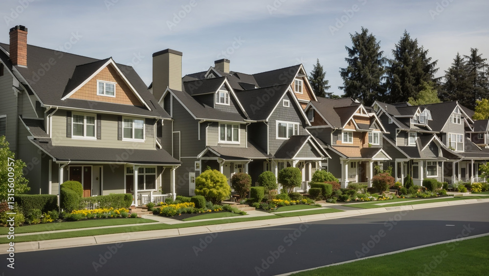 A row of suburban homes. A street-level shot showcases houses with peaked roofs, porches, and lush green lawns, suggesting a stable, family-friendly neighborhood for real estate imagery.