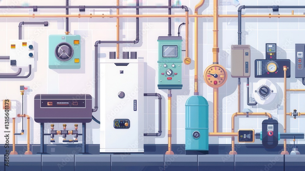 Modern heating system installation in residential basement showcasing gas boiler, radiators, and control equipment Modern heating system installation in residential basement showcasing gas boiler, radiators, and control equipment