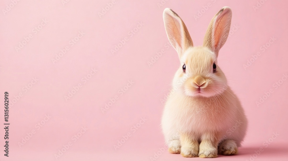 Obraz premium Photo of a little bunny, on a soft pink background Easter theme