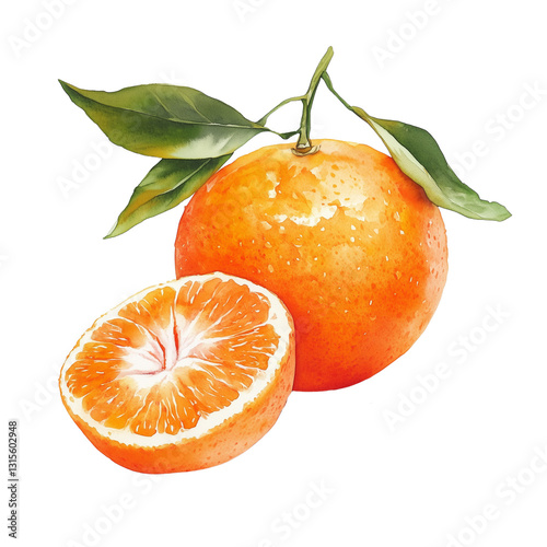 Realistic illustration of a ripe orange with green leaves and a juicy cross-section slice showcasing its vibrant interior