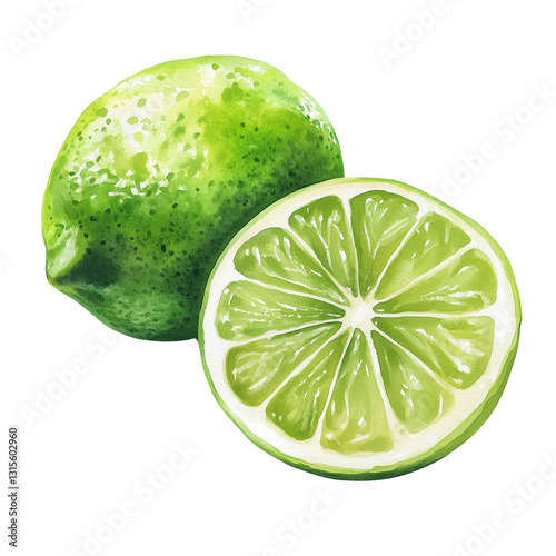 Fresh whole and half-cut lime illustration showcasing vibrant green citrus fruit