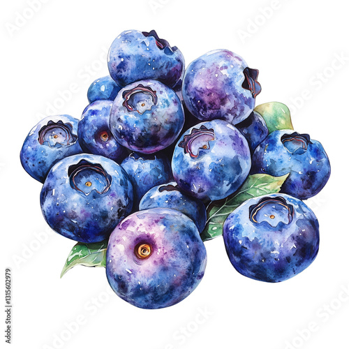 Watercolor illustration of a cluster of fresh blueberries with green leaves showcasing vibrant blue hues