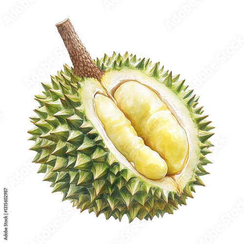 Watercolor illustration of a ripe durian fruit cut open revealing yellow creamy flesh