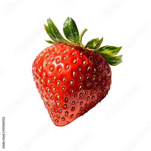 Watercolor illustration of a fresh ripe strawberry with green leaves showcasing detailed texture
