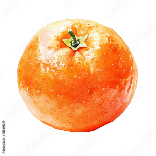 Realistic watercolor illustration of a fresh tangerine with a vibrant orange peel and green stem, showcasing natural texture and color