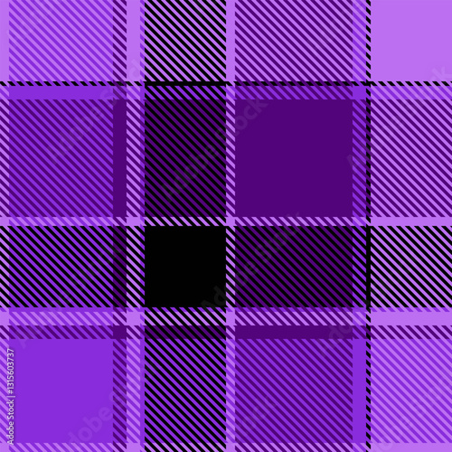 Stunning purple and black plaid pattern.  A vibrant, geometric textile design ideal for fashion, websites, or print projects.  The bold color contrast creates a modern, eyecatching aesthetic.