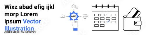 Warehouse gear with surrounding icons of buildings and automation, a calendar with event highlighted, and a digital wallet. Ideal for logistics, planning, automation, e-commerce, scheduling, finance
