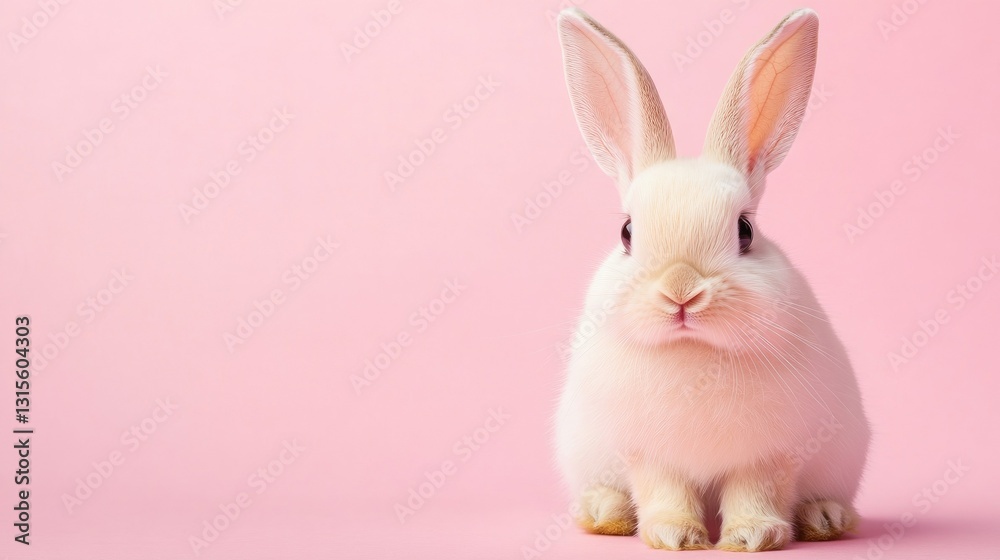 Obraz premium Photo of a little bunny, on a soft pink background Easter theme