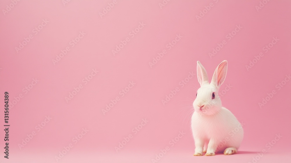 Obraz premium Photo of a little bunny, on a soft pink background Easter theme