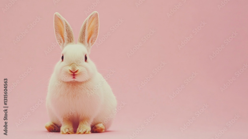 Obraz premium Photo of a little bunny, on a soft pink background Easter theme