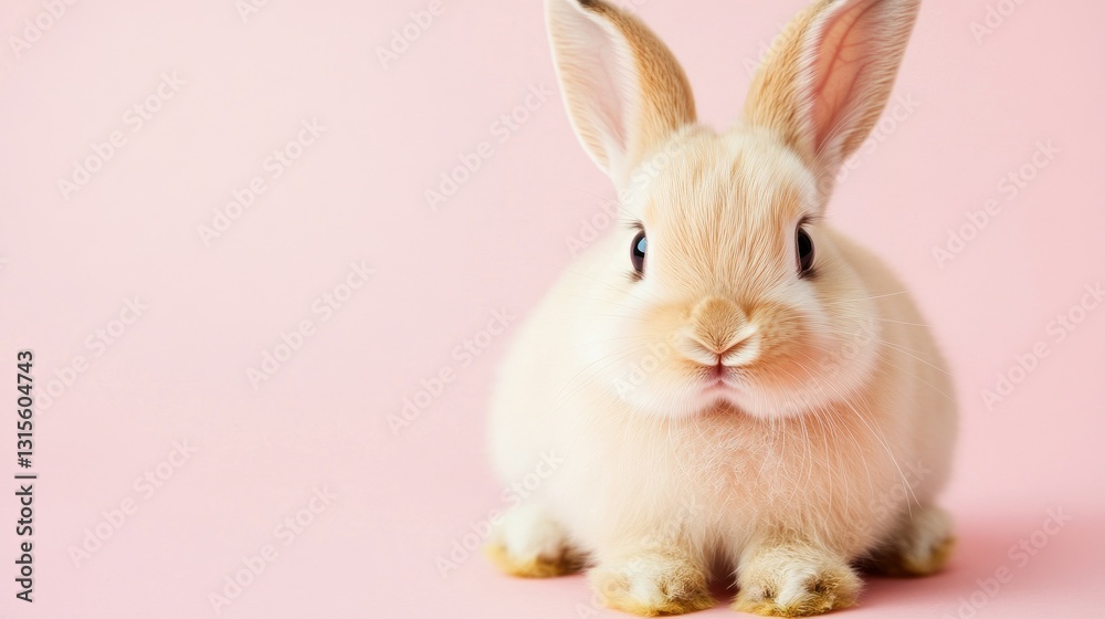 Fototapeta premium Photo of a little bunny, on a soft pink background Easter theme