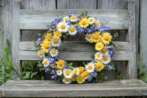 Floral wreath made of daisies and blue flowers resting on a wooden bench in a garden setting during daylight