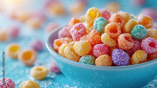 Colorful candy bowl filled with sugary treats on a vibrant blue background with scattered sweets photo