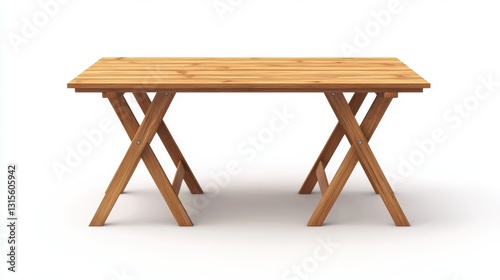 Fototapeta Naklejka Na Ścianę i Meble -  74.A detailed 3D rendering of a wooden folding table with a smooth, polished surface, visible wood grain texture, and sturdy collapsible legs, isolated against a pure white background with soft,