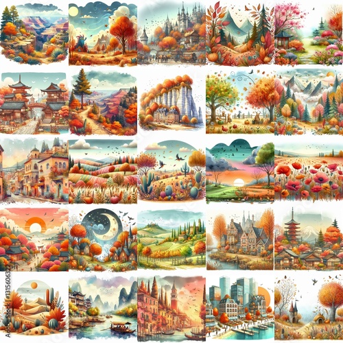 Watercolor fall landscapes. AI generated illustration