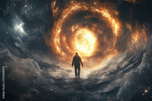 Person exploring a cosmic phenomenon in a surreal environment with swirling clouds and vibrant light