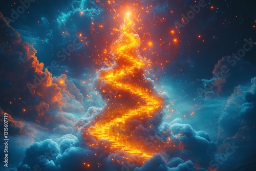 Fiery spirals of light emerge from clouds to create an otherworldly celestial tree at dusk