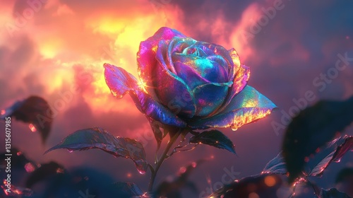 Ethereal Rainbow Rose Blooms Under a Colorful Sky During a Dreamy Sunset with Glittering Petals and Vibrant Hues