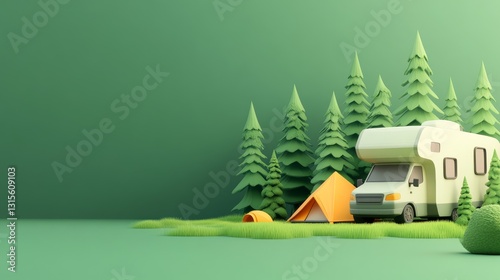 68.A vibrant 3D illustration of a motorhome parked next to a campsite, featuring a pitched tent, tall stylized trees, and a grassy clearing, presented as a banner on a green gradient background.