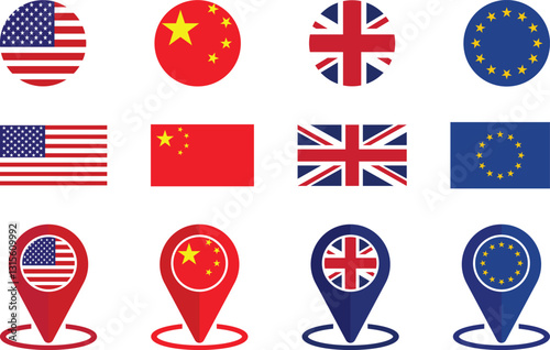 USA, China, UK and EU country flags with map pointer icons and round flags on white background.