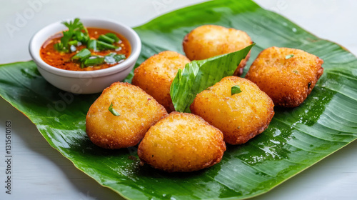 Hot and Crispy Kothimbir Vadi with Garlic Chutney, Served on a Banana Leaf, Authentic Indian Snack