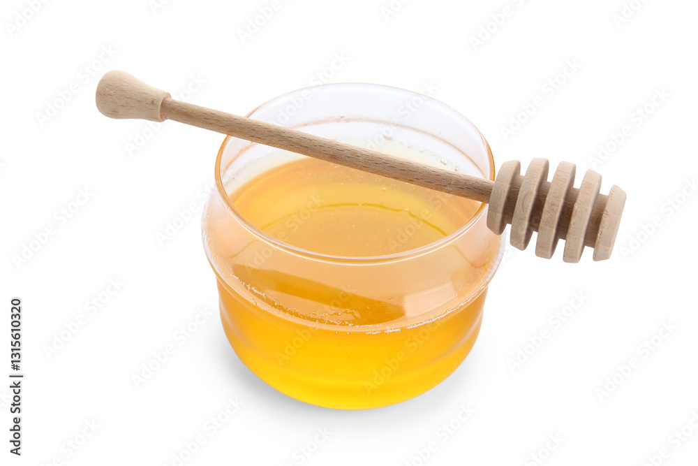 Glass of sweet honey with dipper on white background Glass of sweet honey with dipper on white background